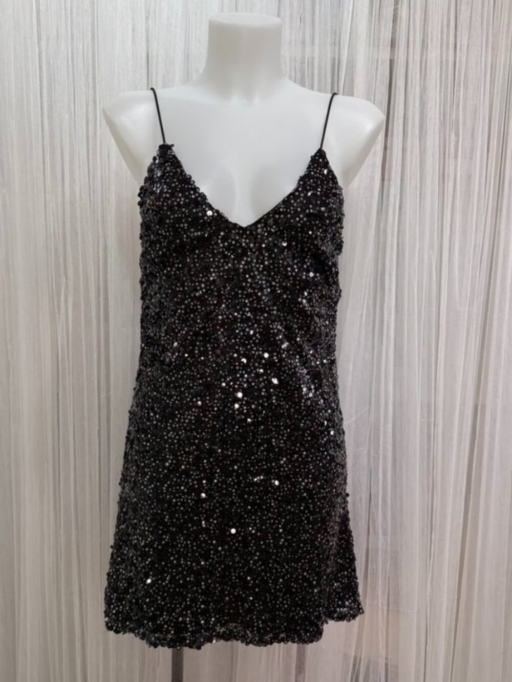 Lulus Black Sequin Mini Slip Dress Women Small Spaghetti Strap Party Cocktail